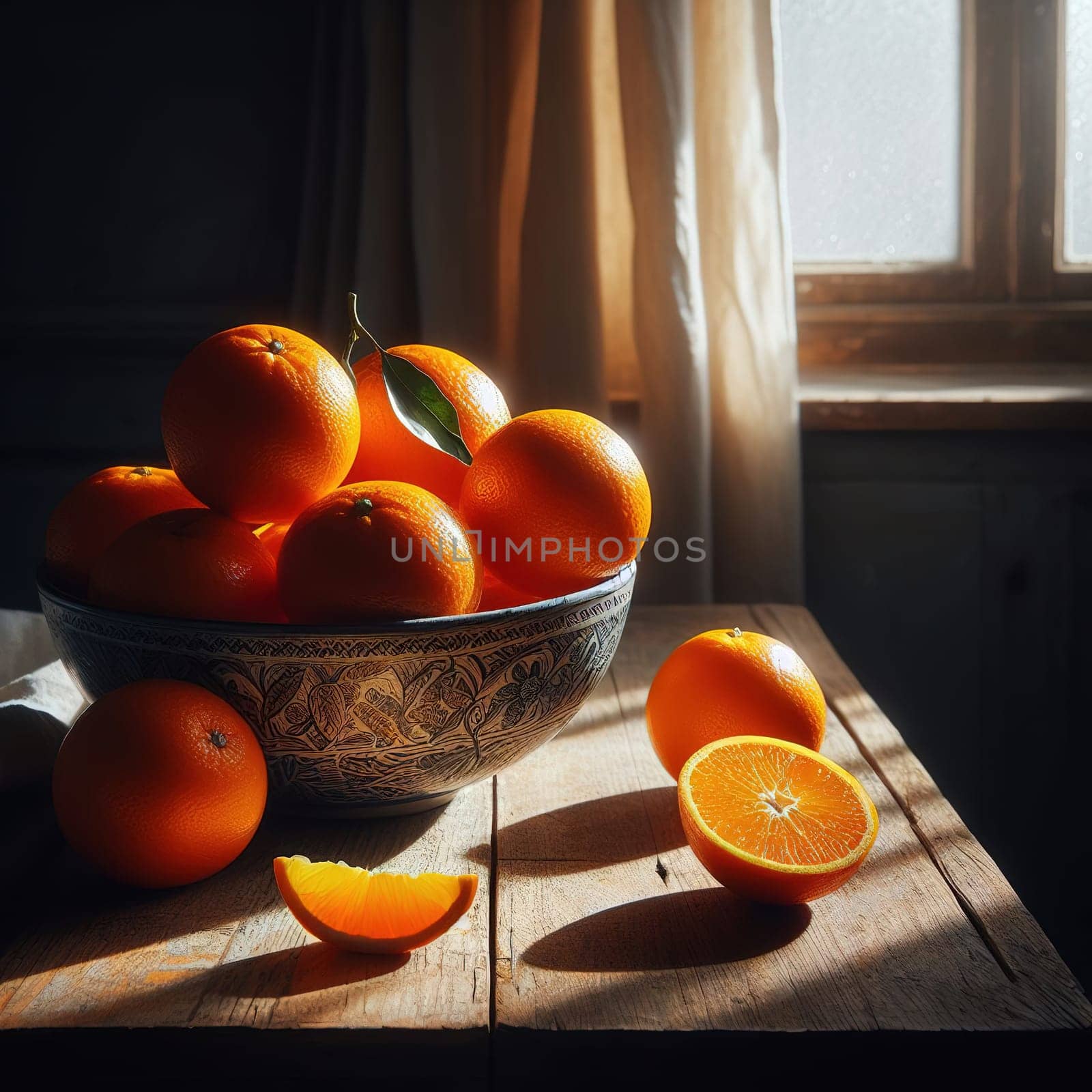 Juicy oranges on a dark background. Generative AI by gordiza