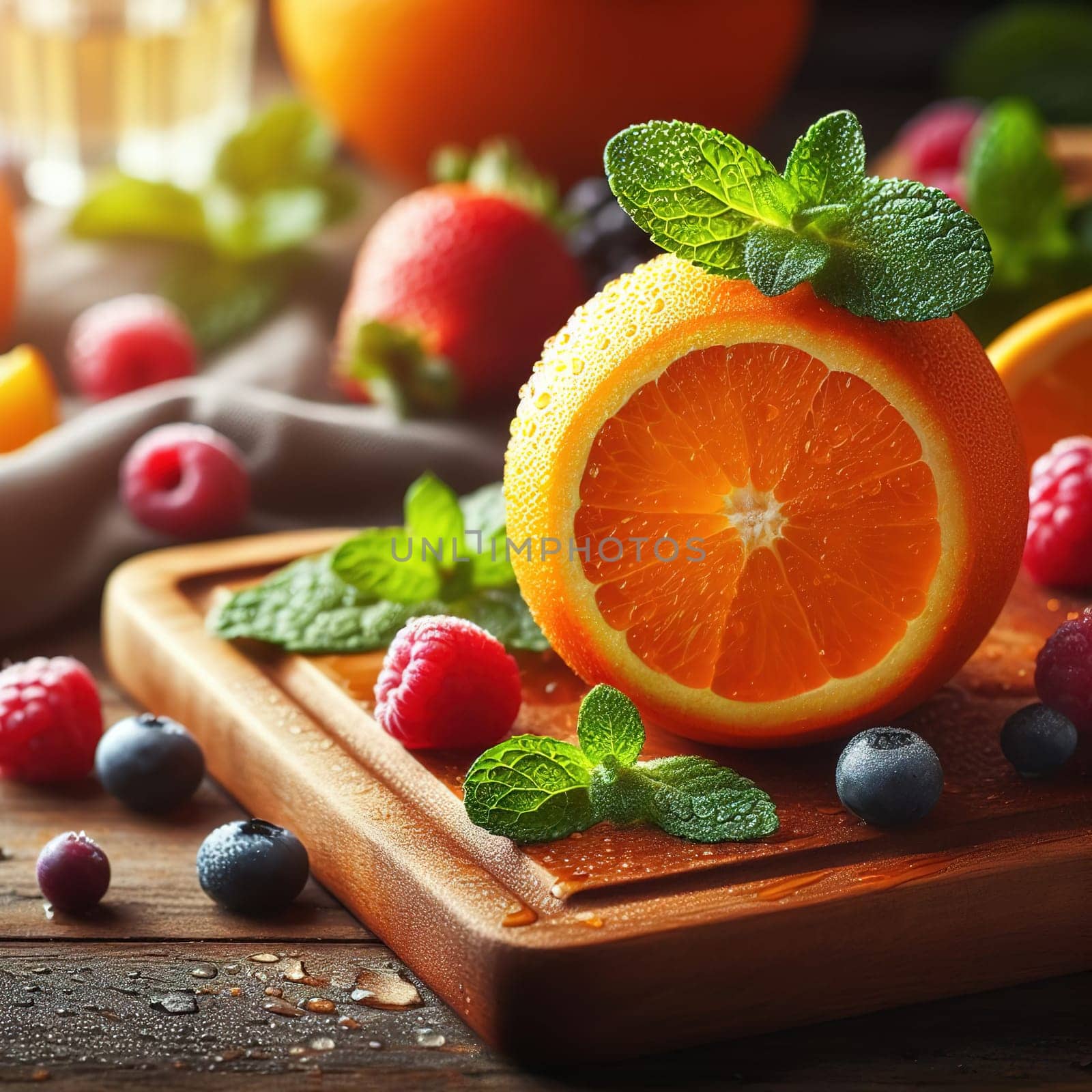Juicy oranges on a dark background. Generative AI by gordiza