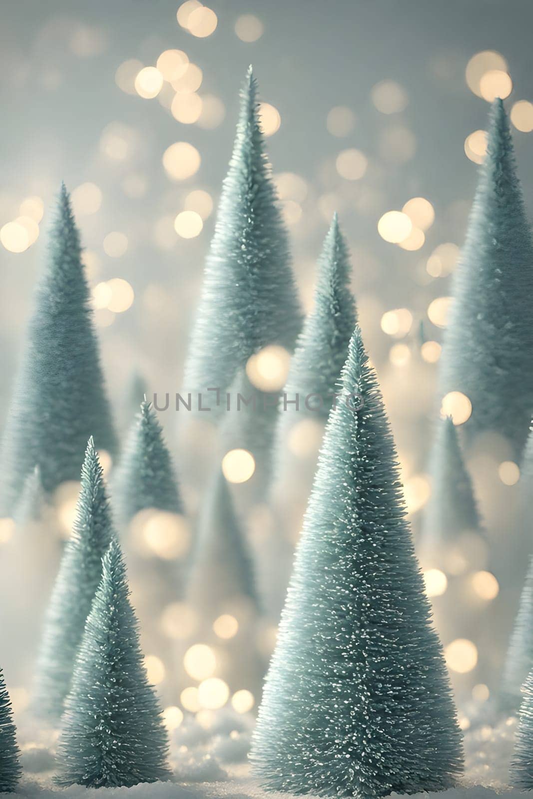 Christmas background with fir trees and bokeh lights. 3d illustration by LanaLeta