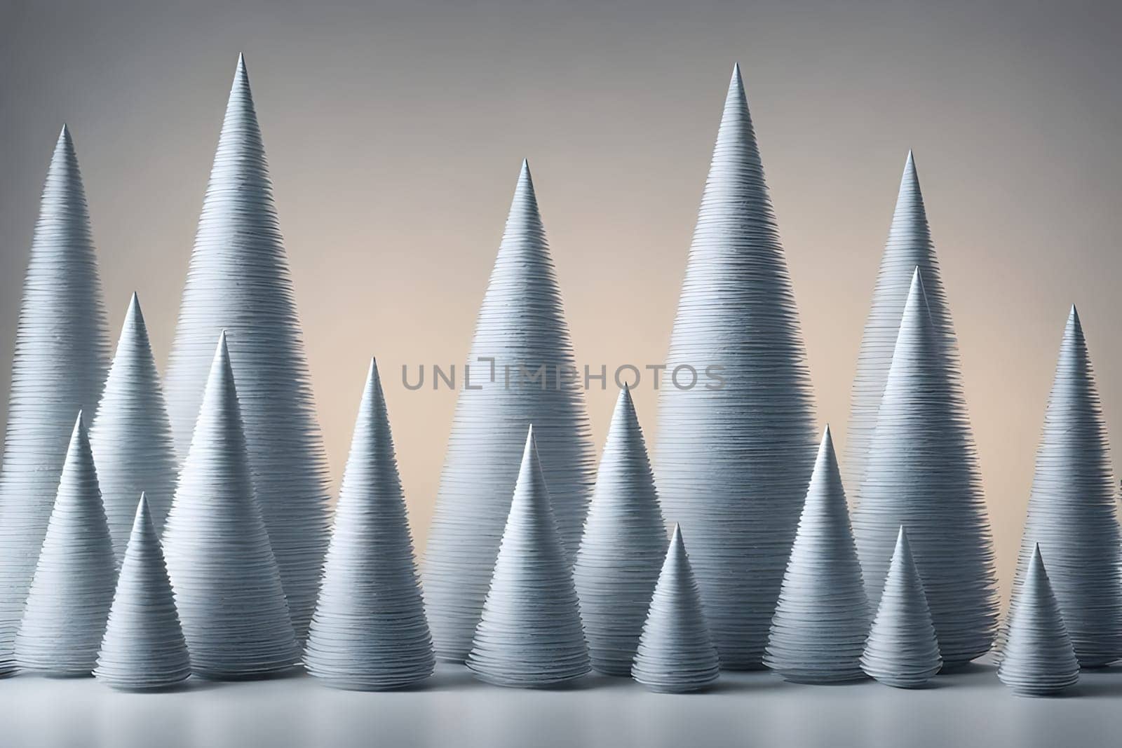 3d illustration of a group of white cones, in the style of soft, muted color palette, minimalistic elements, lighted from the side, Winter Christmas Background.