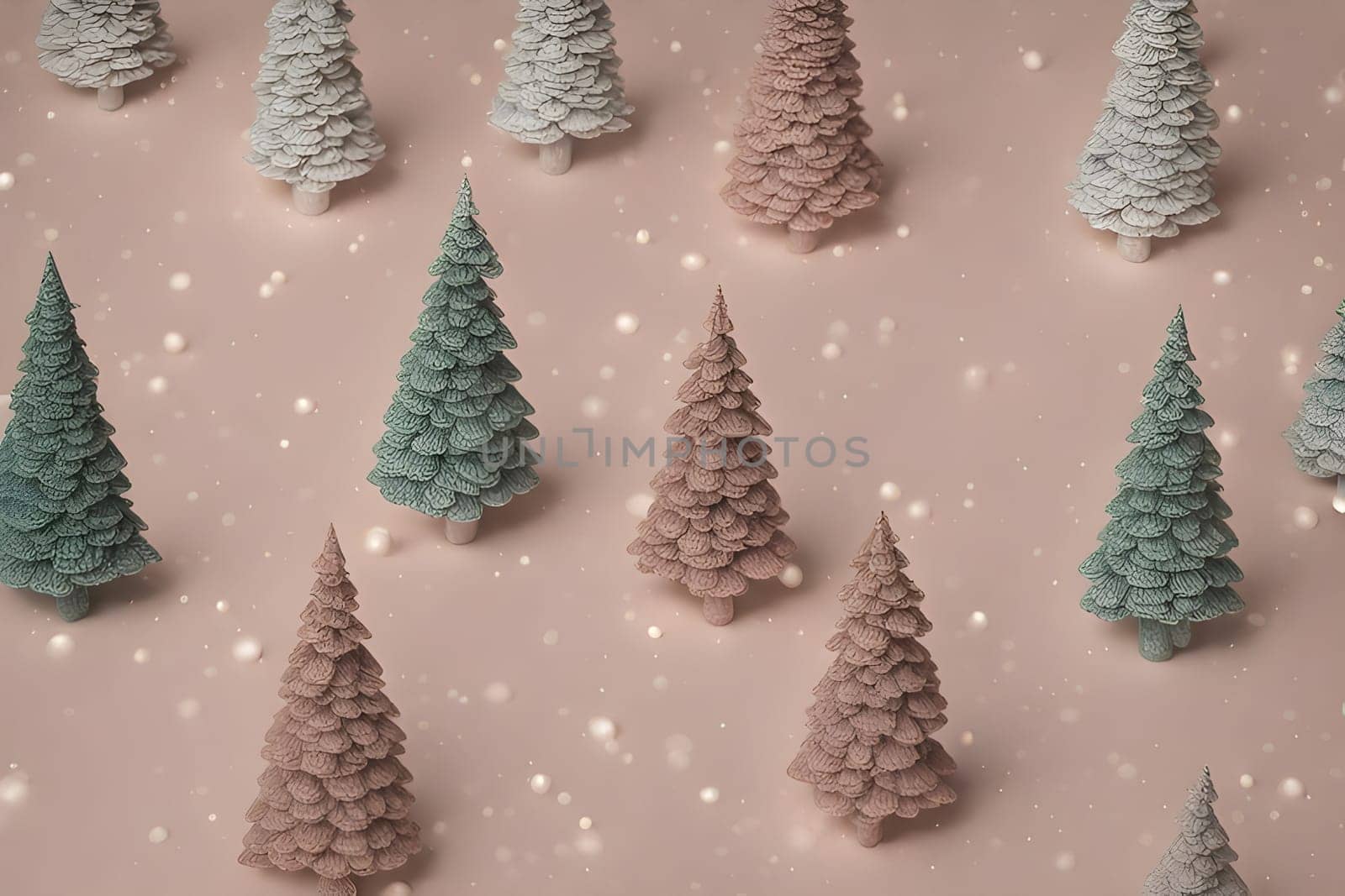 Christmas tree and snowflakes on pastel pink background. Top view. Christmas Background