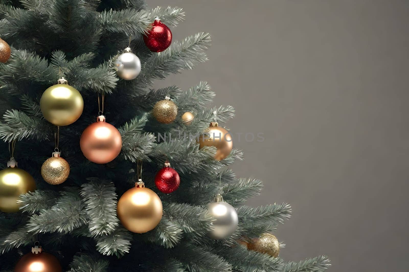 Christmas tree with colorful baubles on grey background, closeup by LanaLeta
