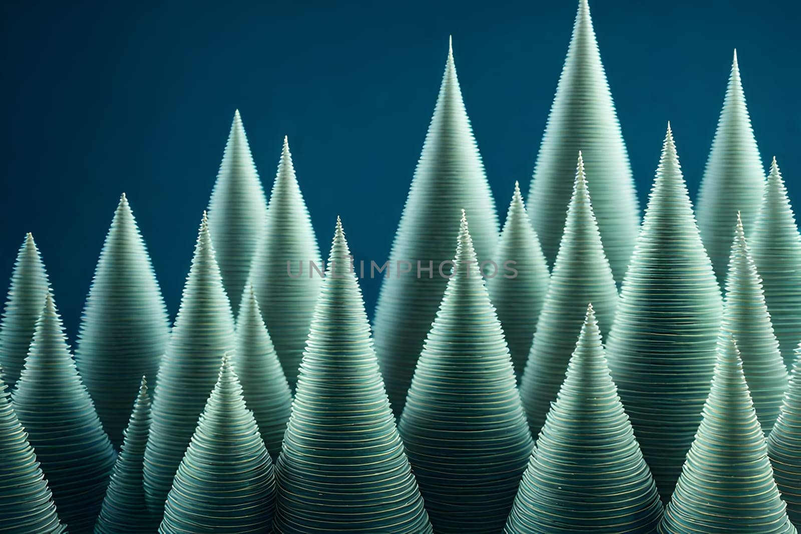 Abstract christmas trees on green blue background. 3d render illustration.