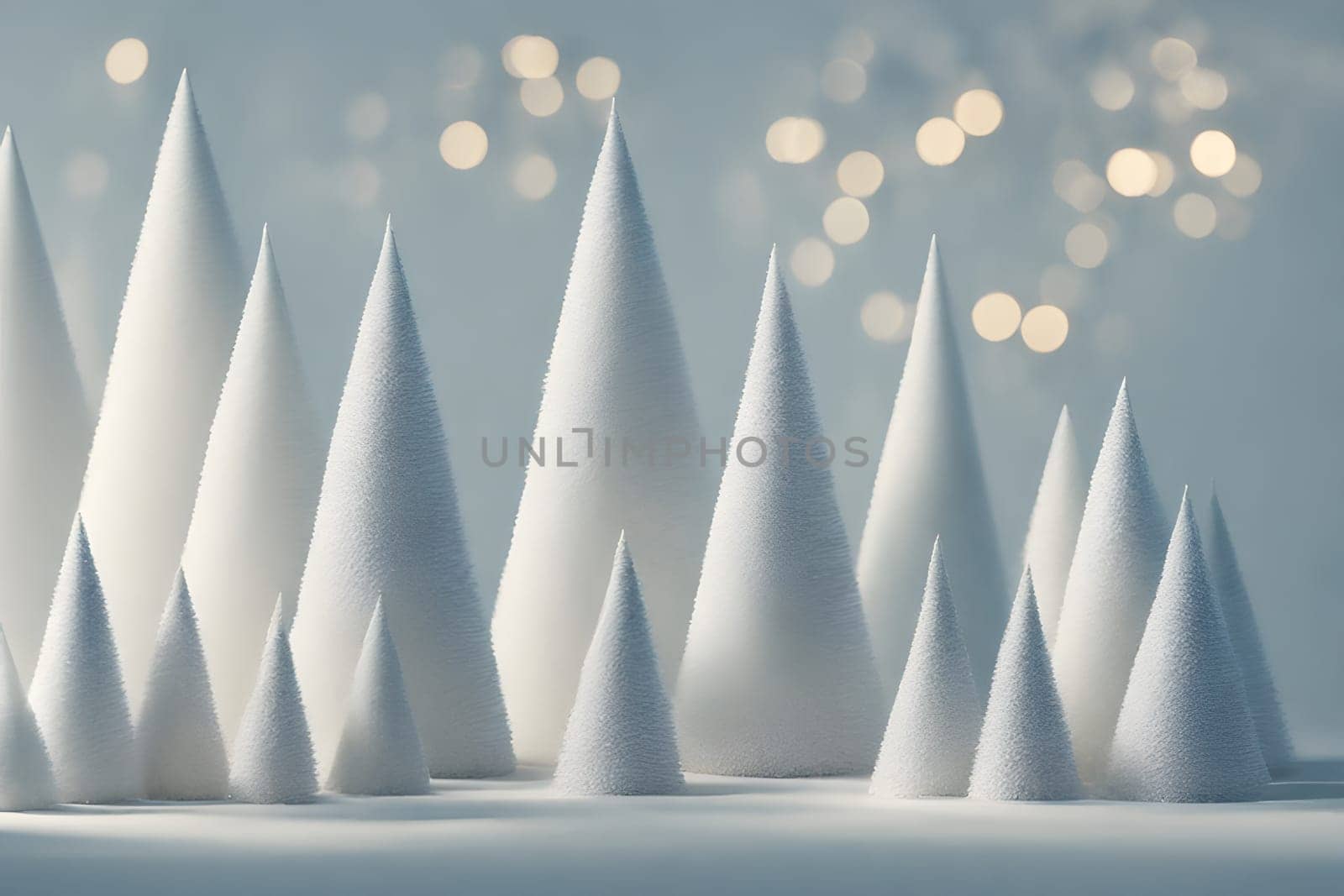 Christmas tree made of many White Cones and bokeh background. 3d rendering by LanaLeta