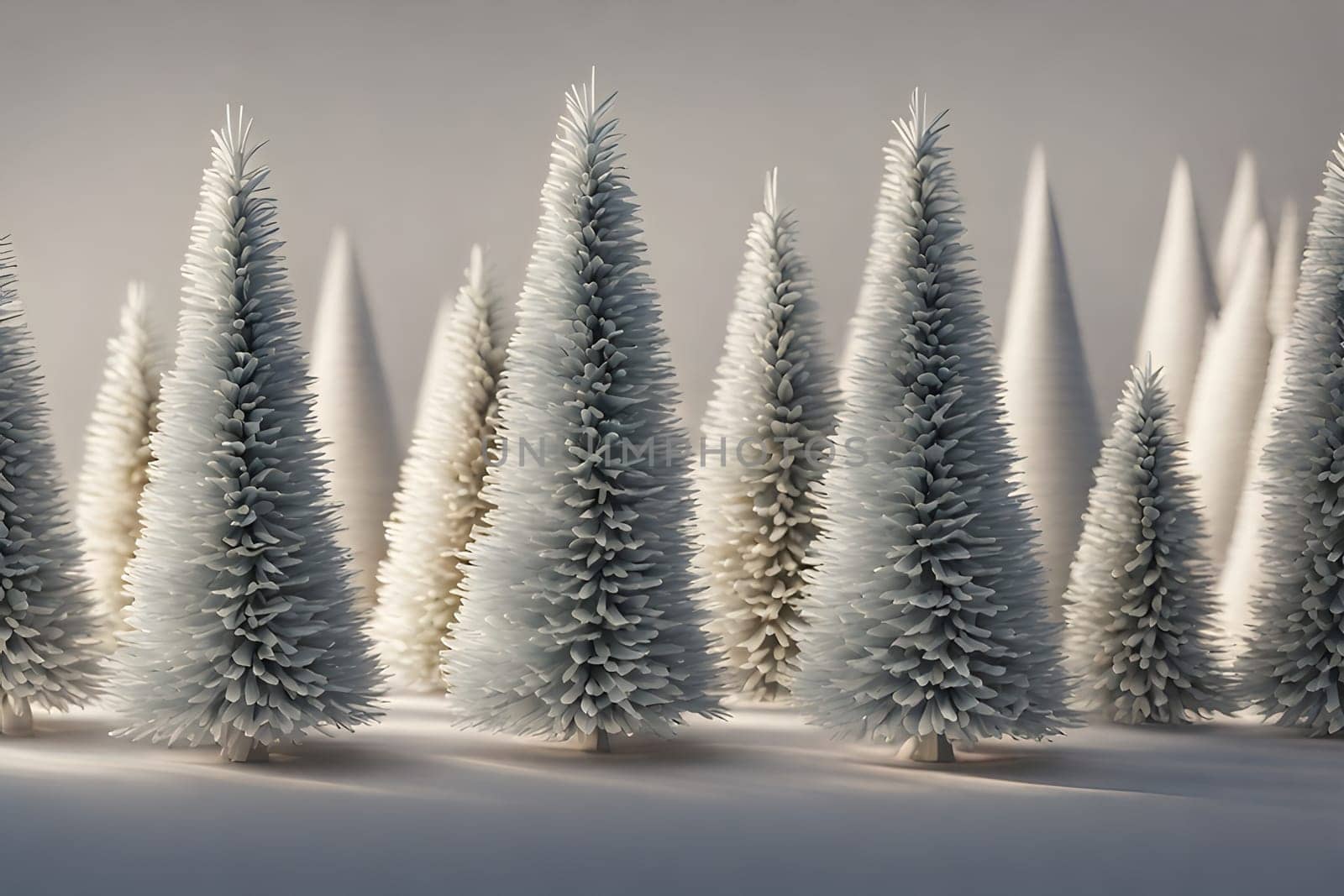 3D render of artificial Christmas trees in the snow. Winter landscape.