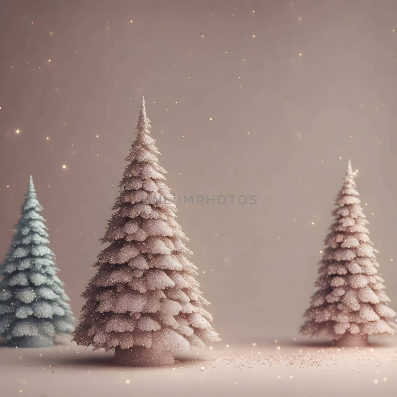 Christmas trees with snowflakes and bokeh lights. 3d illustration by LanaLeta