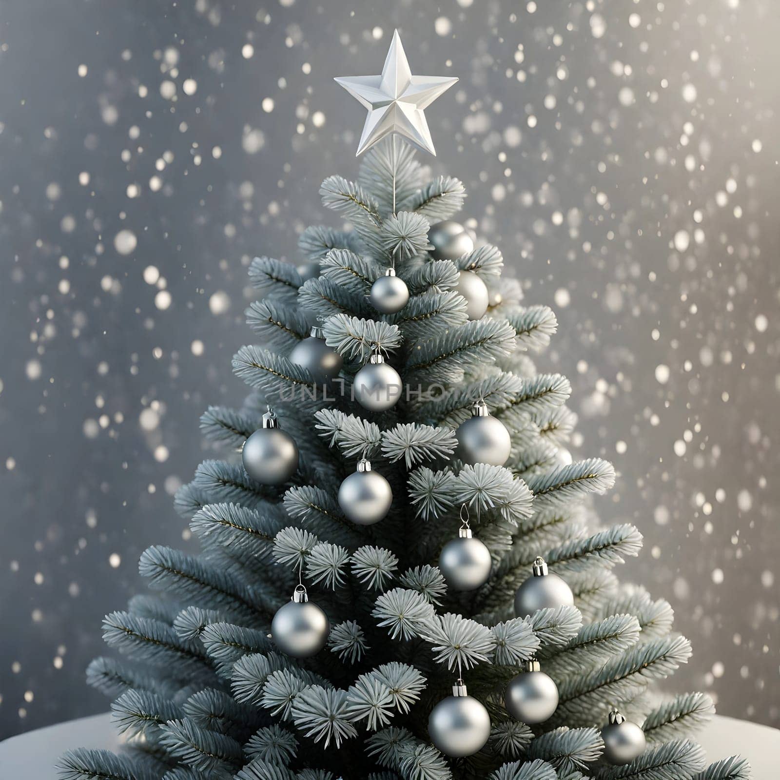 Christmas tree with silver balls, stars and snowflakes on gray background.