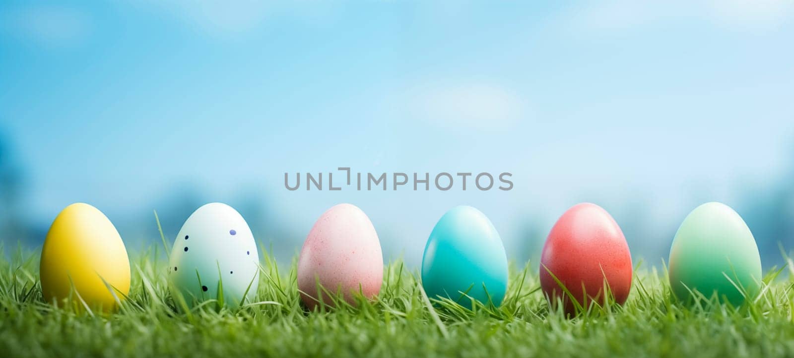 Easter banner with colorful painted eggs in row on green grass, copy space.