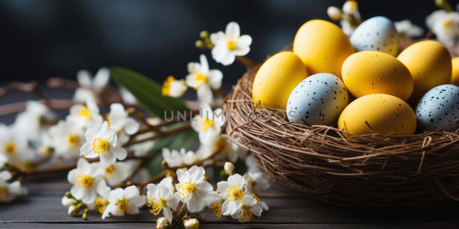 Easter holiday celebration banner greeting card banner with easter eggs and flowers on table.