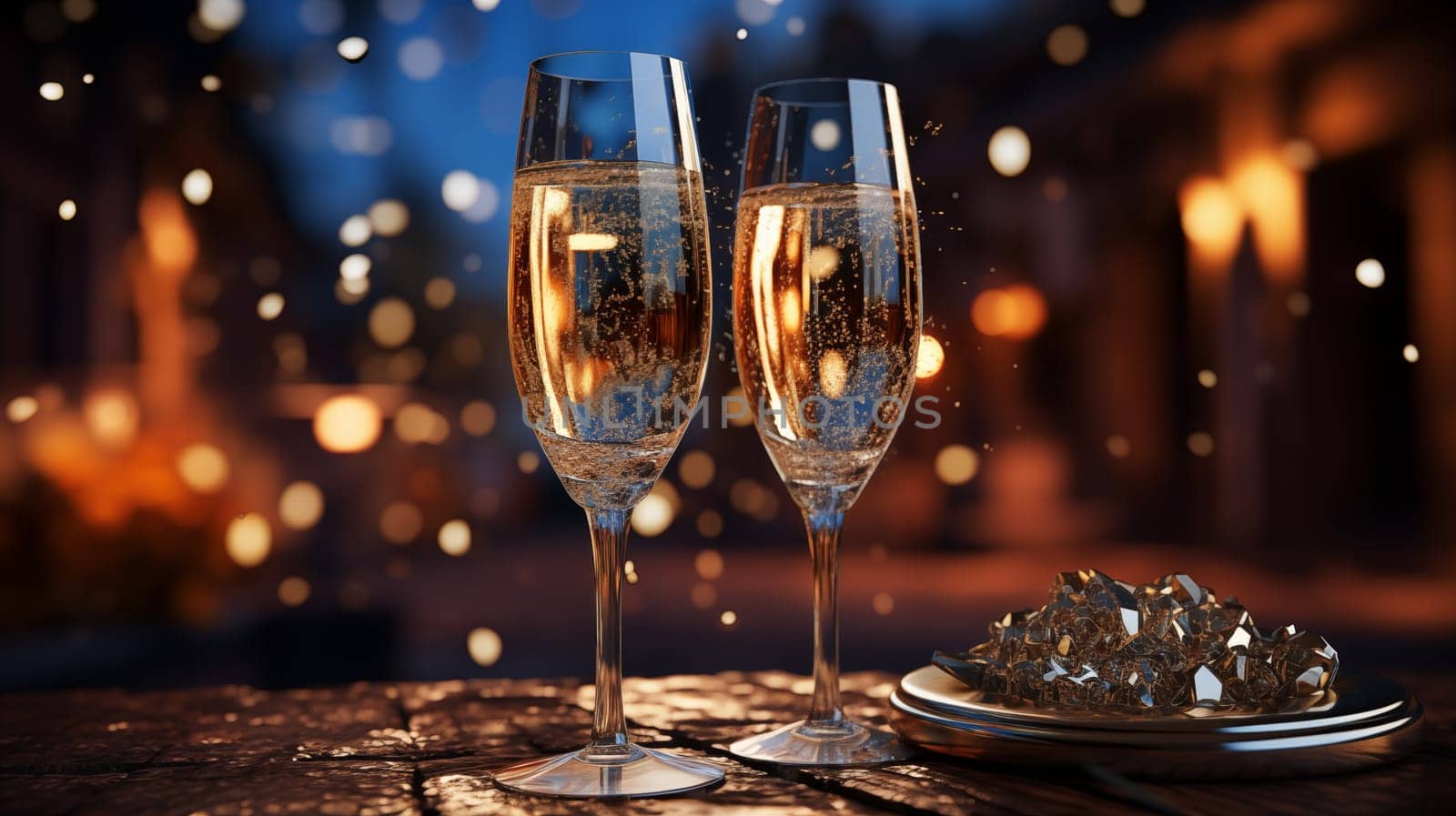 Two glasses of champagne are on the table in the evening golden lights, next to a saucer with ice in the evening, surrounded by golden bokeh lights.