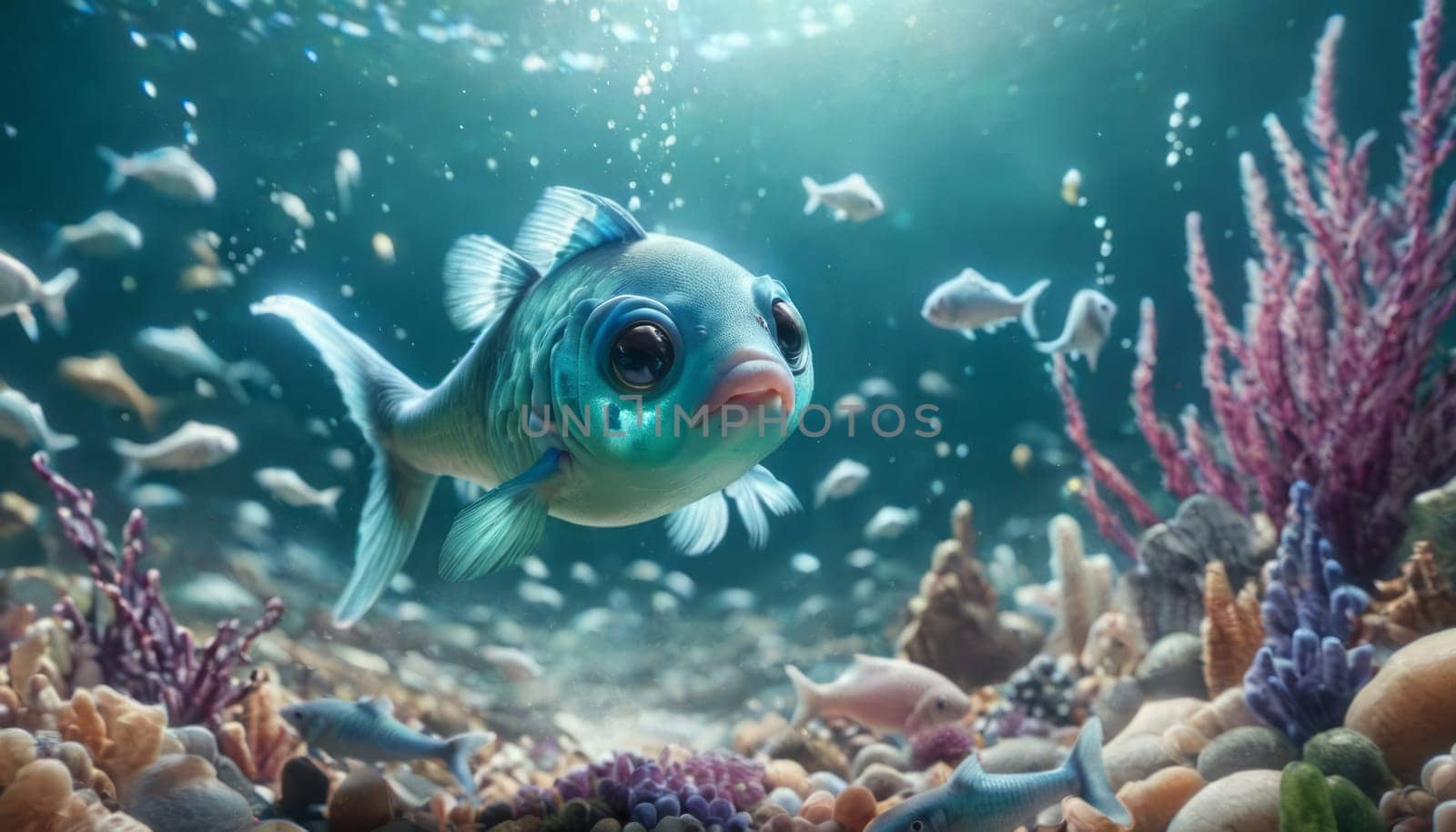 A large, cartoonish fish with big eyes swims among colorful corals and smaller fish, bathed in sunlight filtering through the water