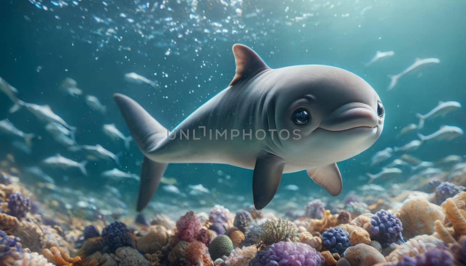 An adorable baby dolphin, animated and detailed, is the focal point of this underwater scene, surrounded by colorful coral reefs and small fish