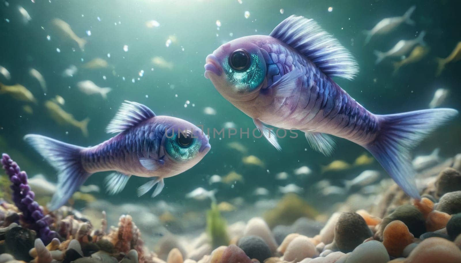 Two prominent, large-eyed fish swim close to each other in a richly detailed underwater environment, surrounded by colorful pebbles and coral structures