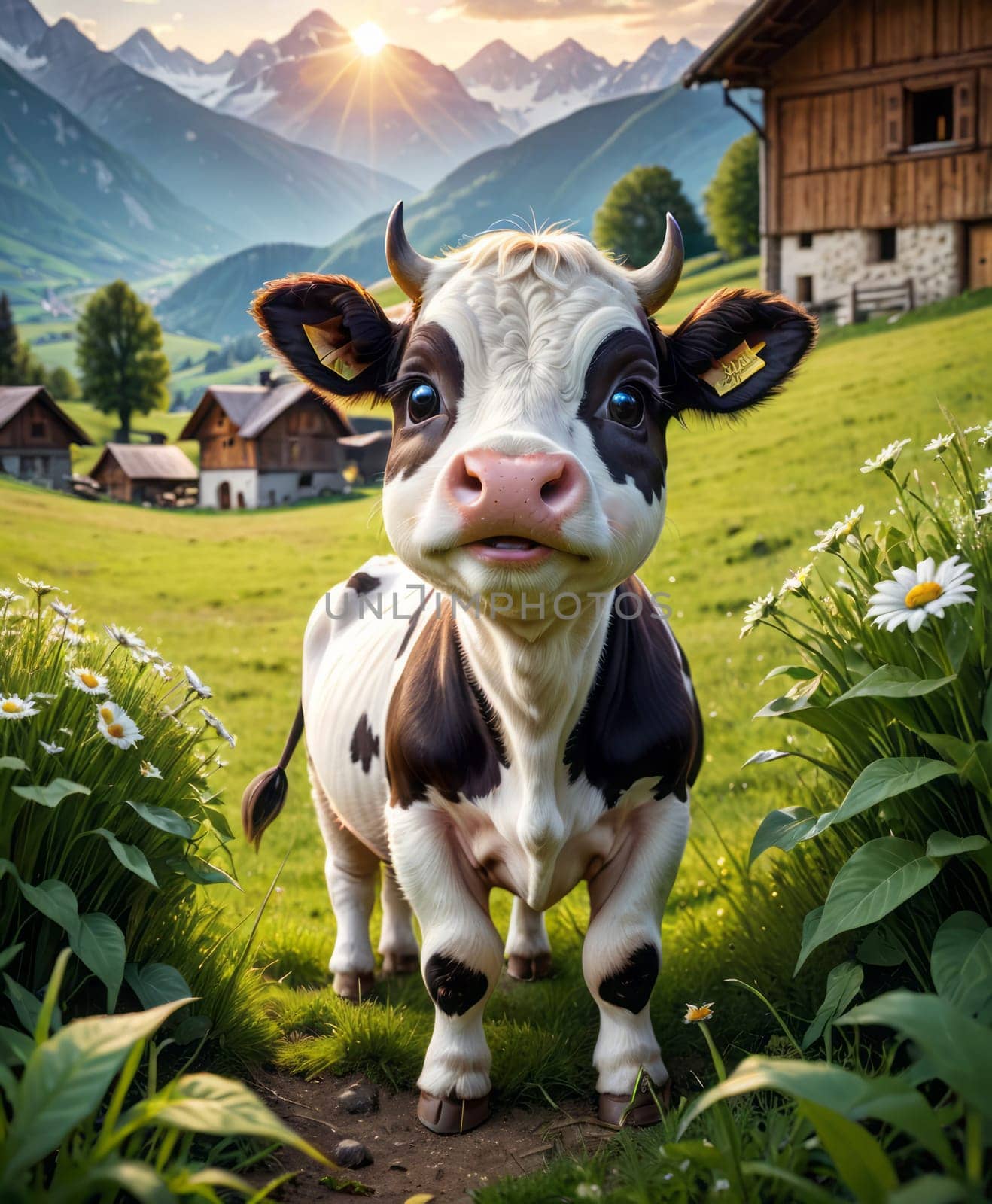 A black and white spotted cow stands in a picturesque landscape with green fields, white flowers, wooden houses, and mountains, under a clear sky