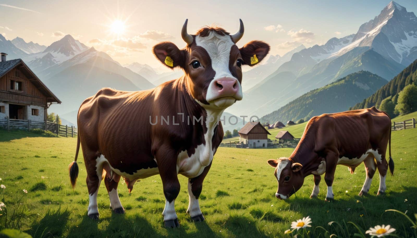 The image captures two cows, one standing and the other grazing, in a lush green field dotted with white flowers. Wooden cabins and a fence add a rustic charm to the scene, while the snow-capped mountains and clear sky in the background create a serene atmosphere