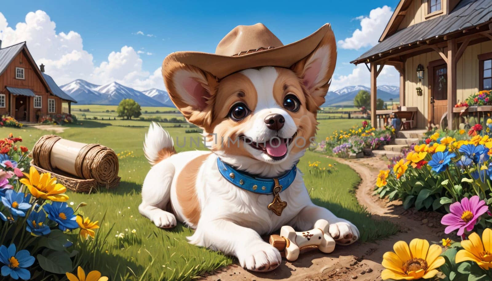 A cheerful puppy with a cowboy hat enjoys the colorful garden by a wooden house, with mountains under a clear sky