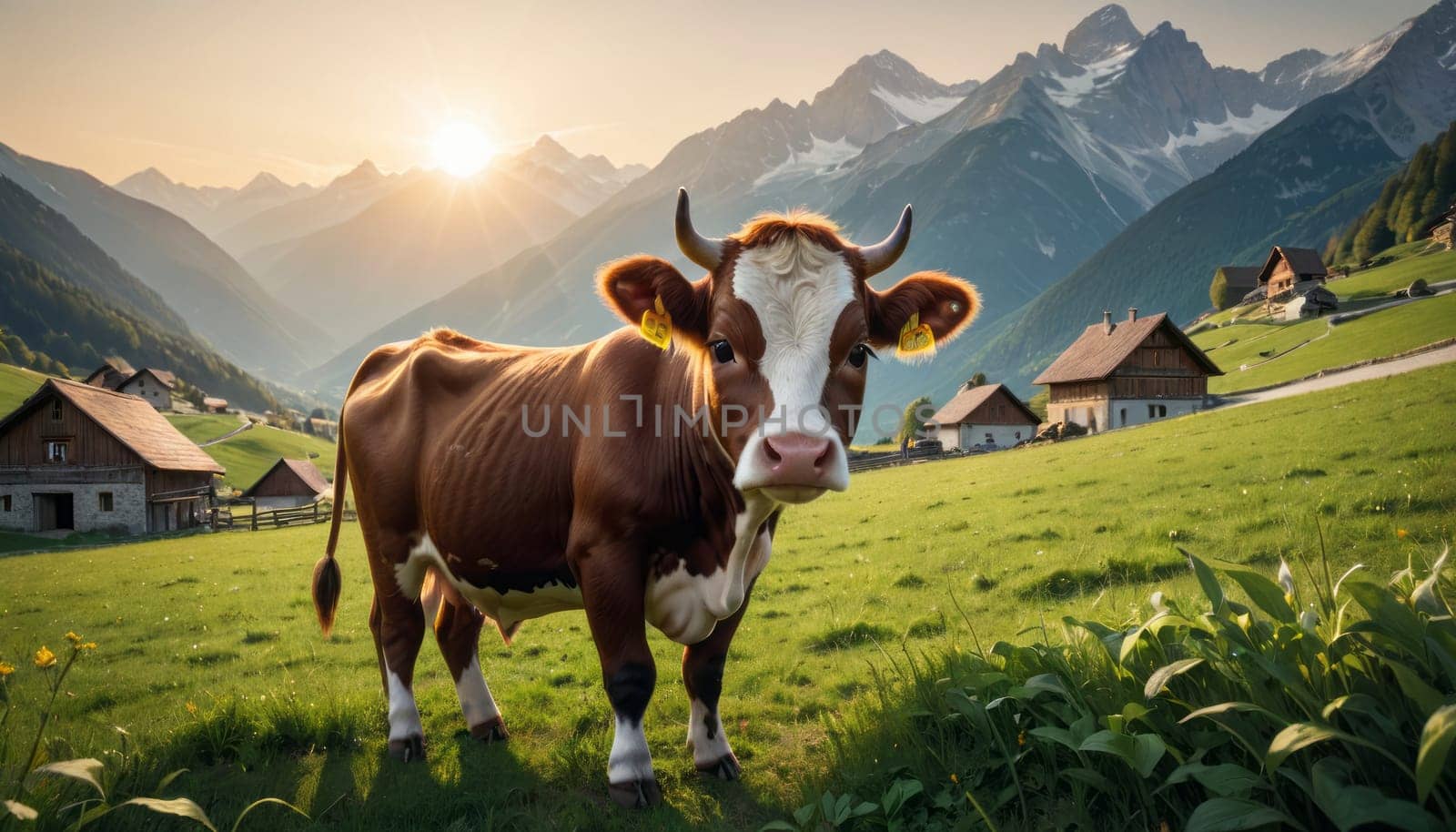 A cow stands in a flower-dotted meadow, with rustic cabins and snow-covered mountains illuminated by a warm sunset glow