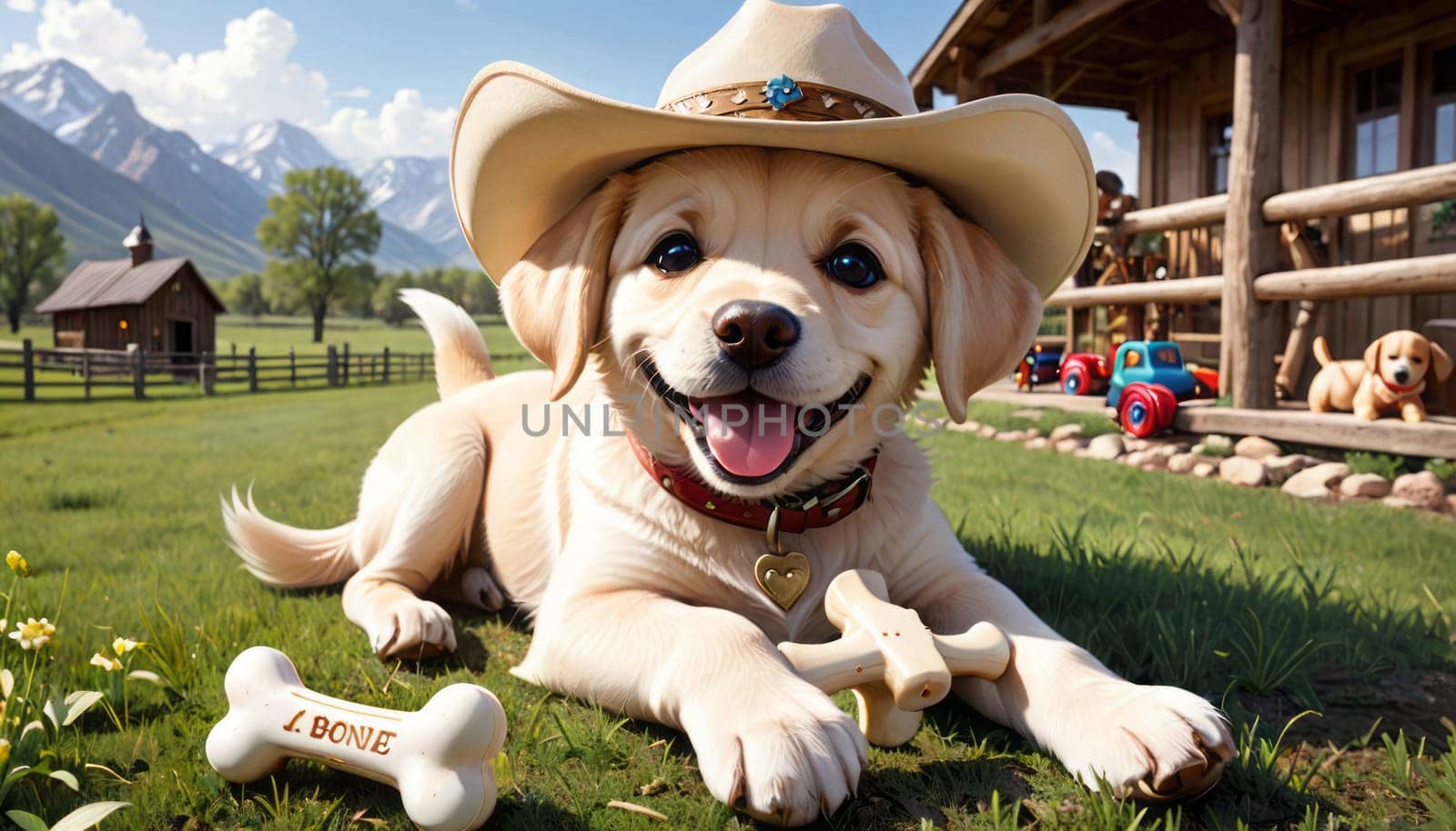 A large dog with a cowboy hat enjoys playtime with toys in a lush yard, with a wooden house and mountains in the backdrop