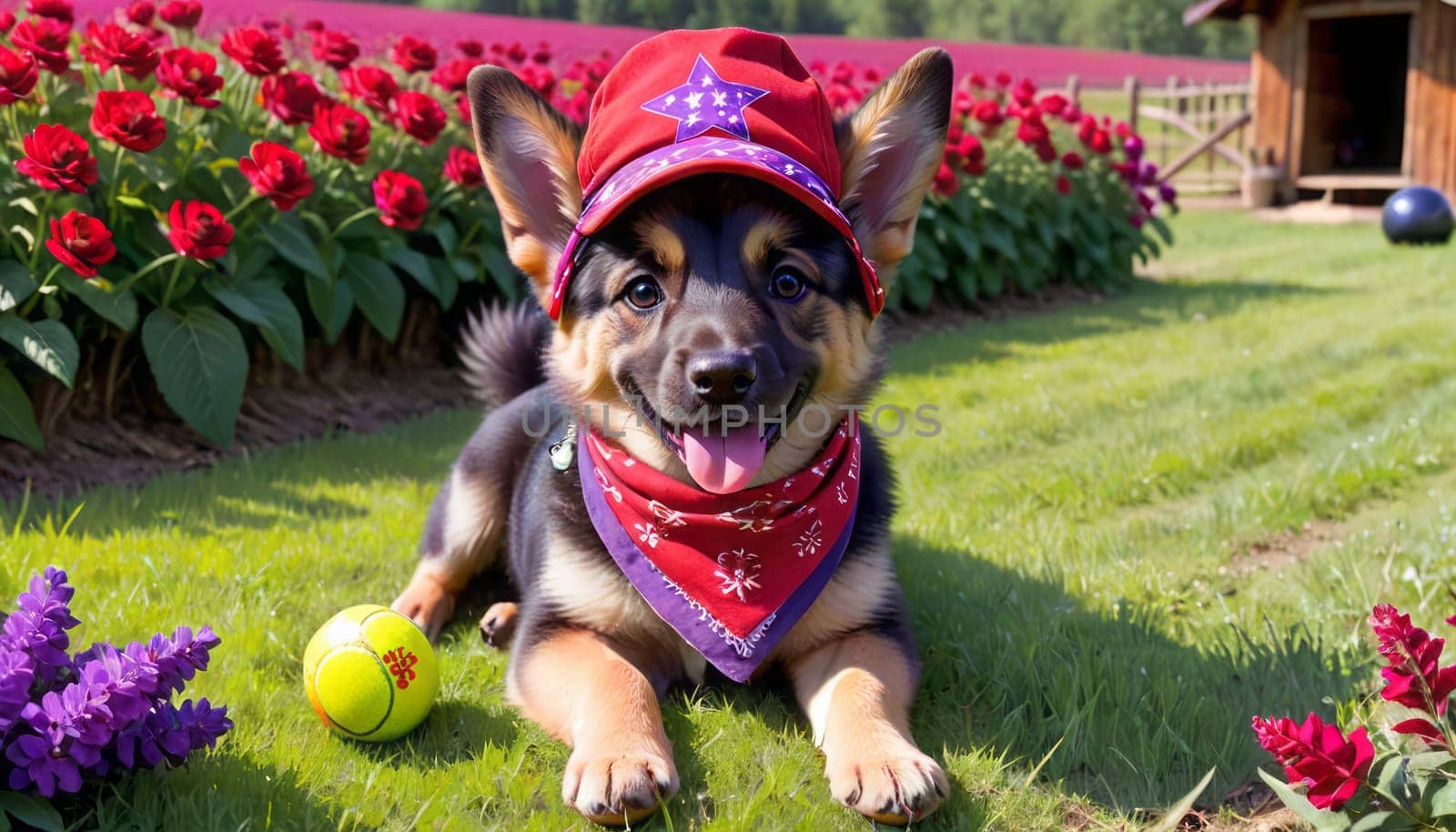 A dog in a red cap and bandana lies playfully on the grass, surrounded by toys and flowers, with a wooden structure in the background