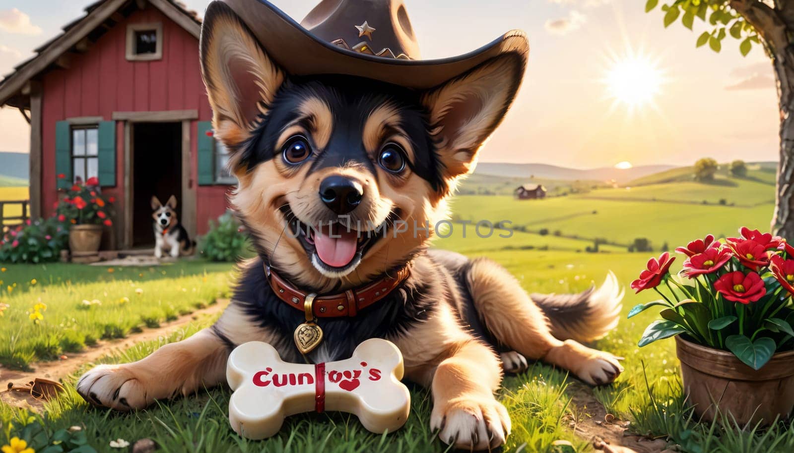 A dog enjoys a playful moment in a pastoral setting with a red barn, under the warm hues of a setting sun