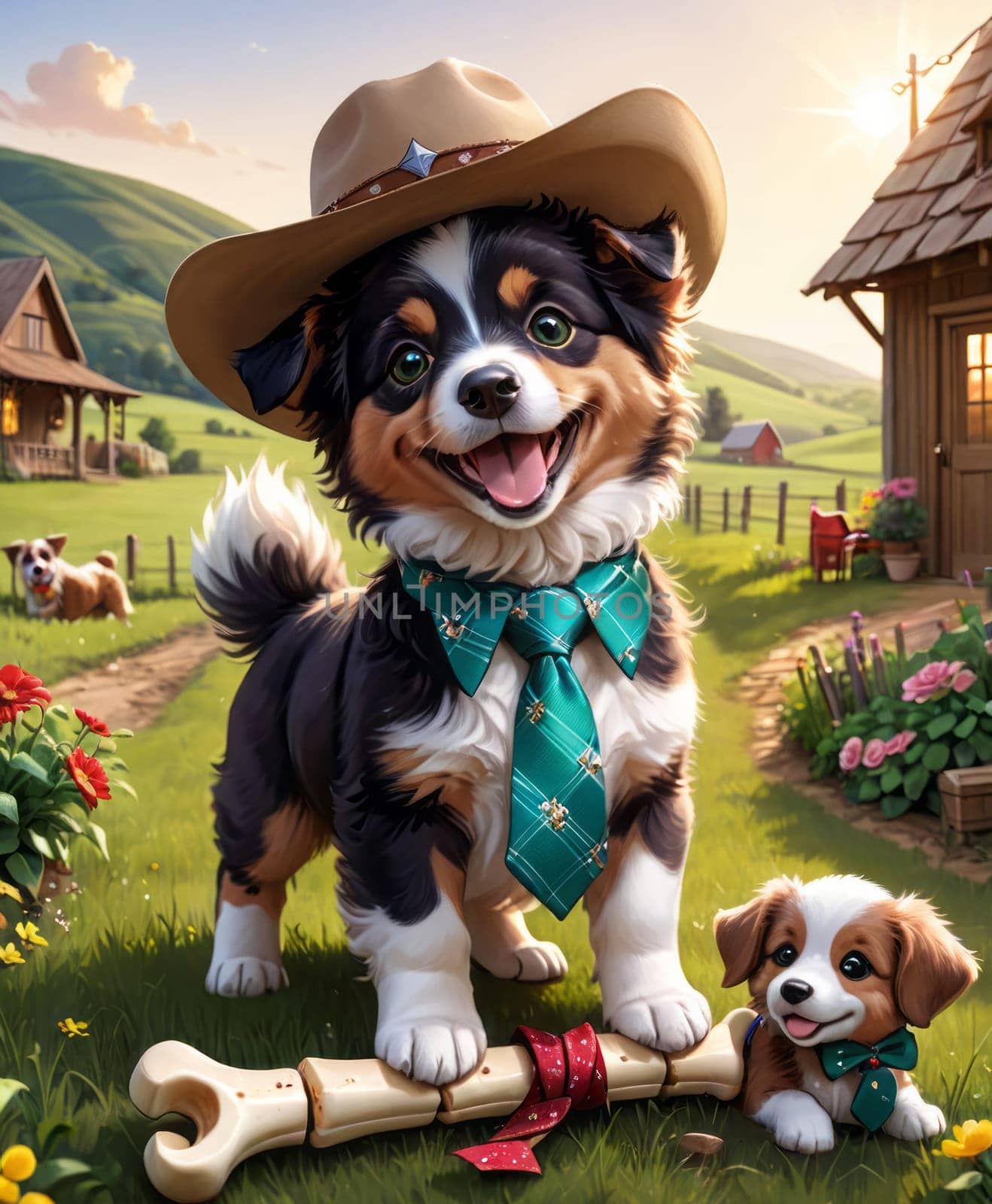 A fluffy dog sports a cowboy hat and green necktie, standing before a wooden house and rolling hills under a clear sky