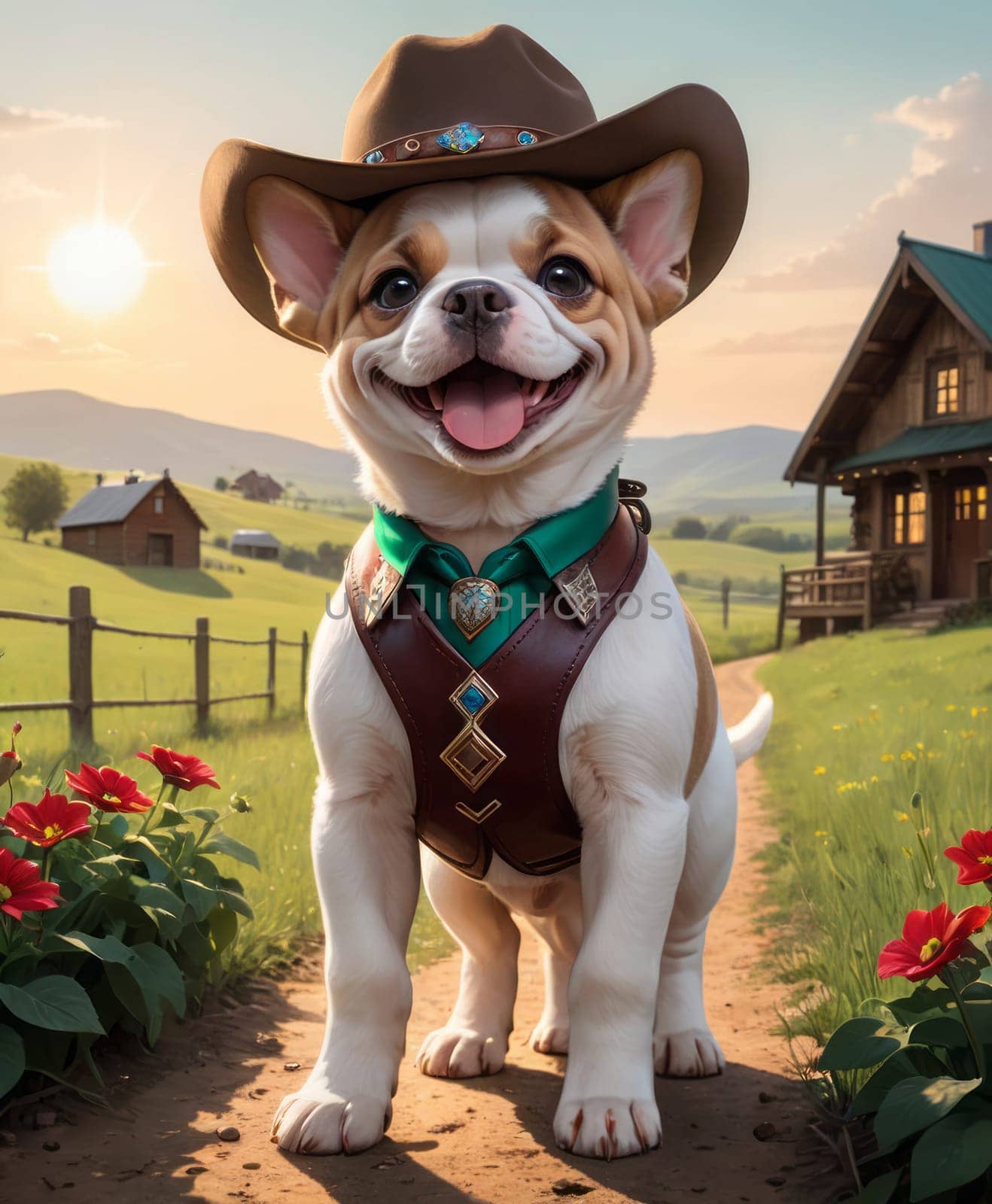 A fluffy dog sports a cowboy hat and green necktie, standing before a wooden house and rolling hills under a clear sky