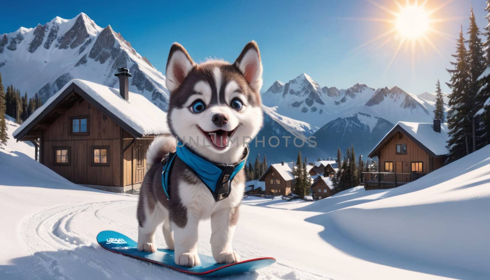 A husky puppy enjoys snowboarding on a sunny day, with cozy cabins and snowy mountains in the background