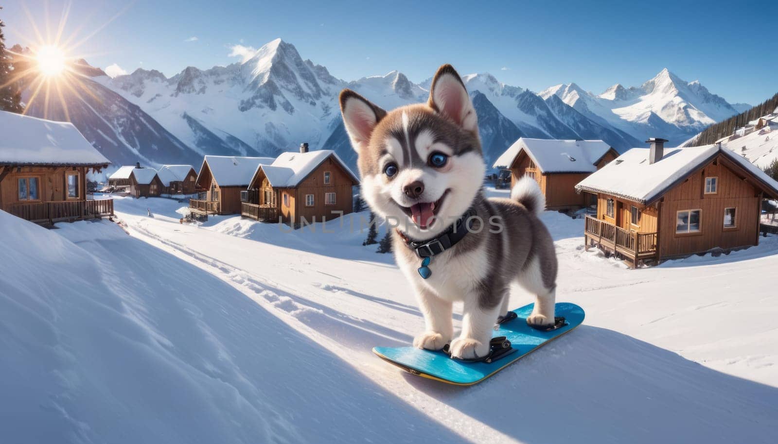 Snowboarding Husky Pup in Sunny Mountains by nkotlyar