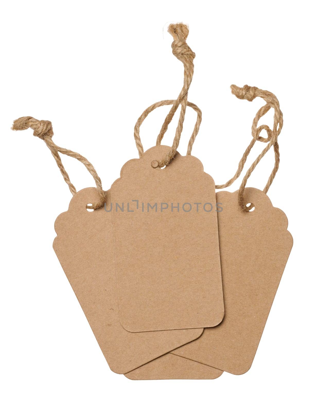 Blank brown rectangular brown paper tag on a rope  on white background, template for price by ndanko