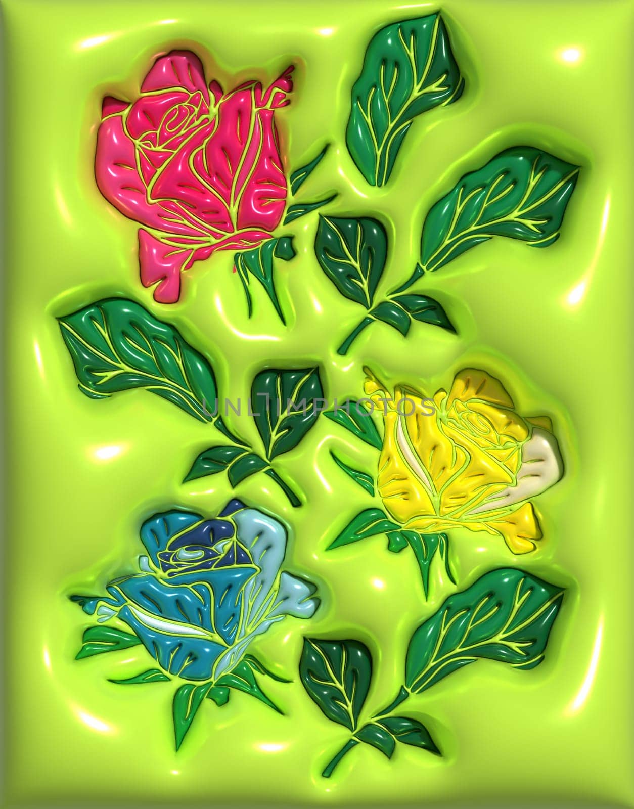 Buds of multi-colored roses on a green background, 3D rendering illustration