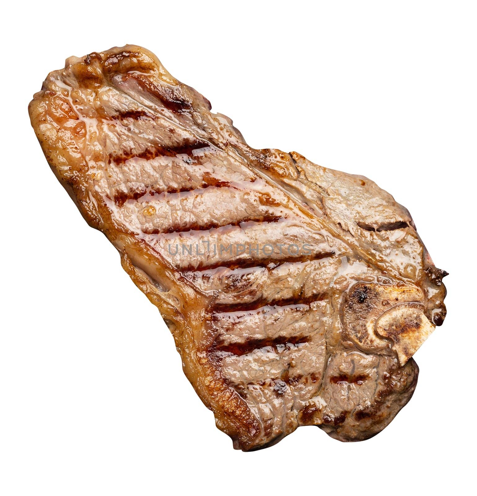 Whole fried New York beef steak on a white background, striploin doneness rare by ndanko