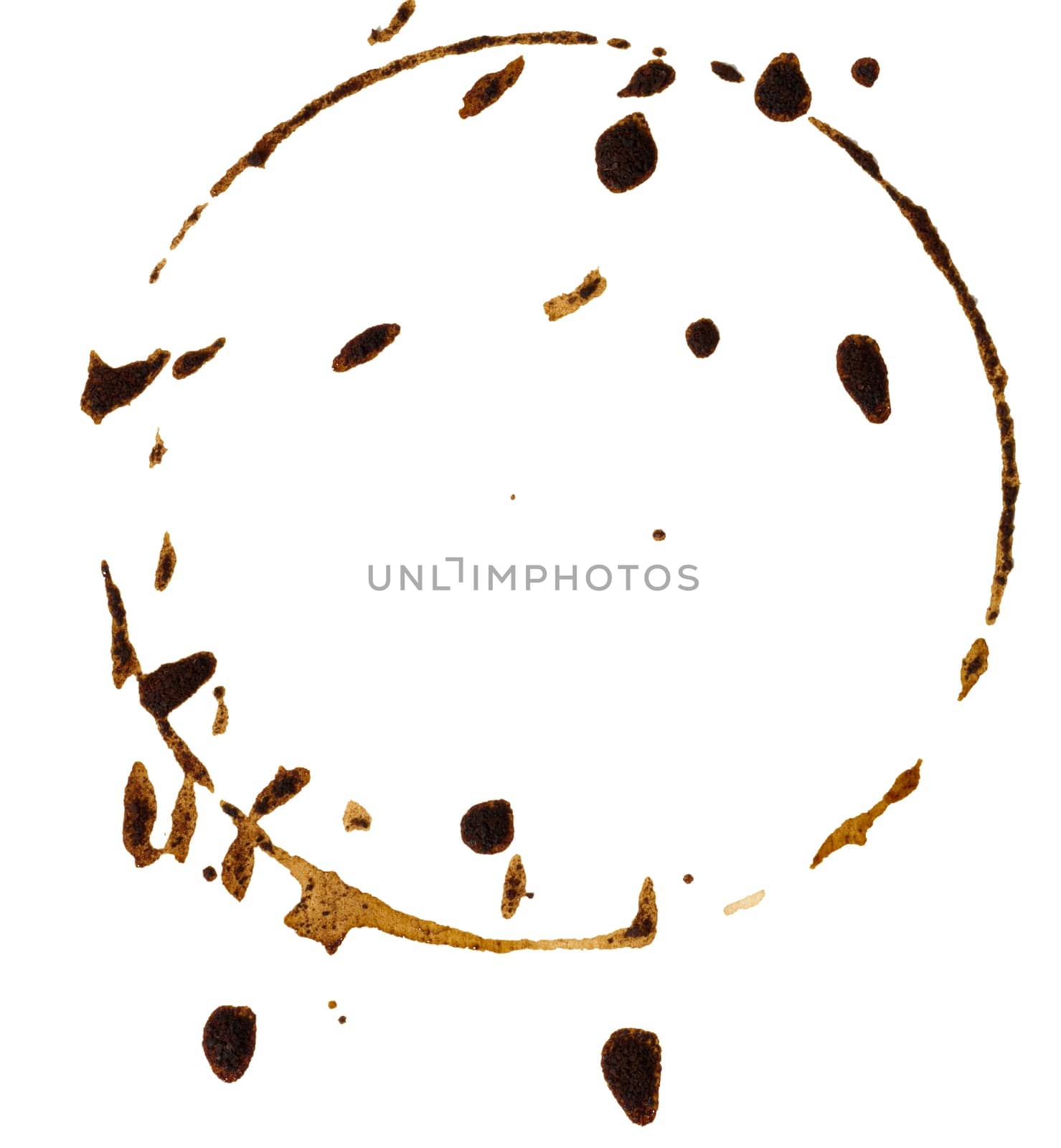 Round imprint of spilled black coffee on a white isolated background by ndanko