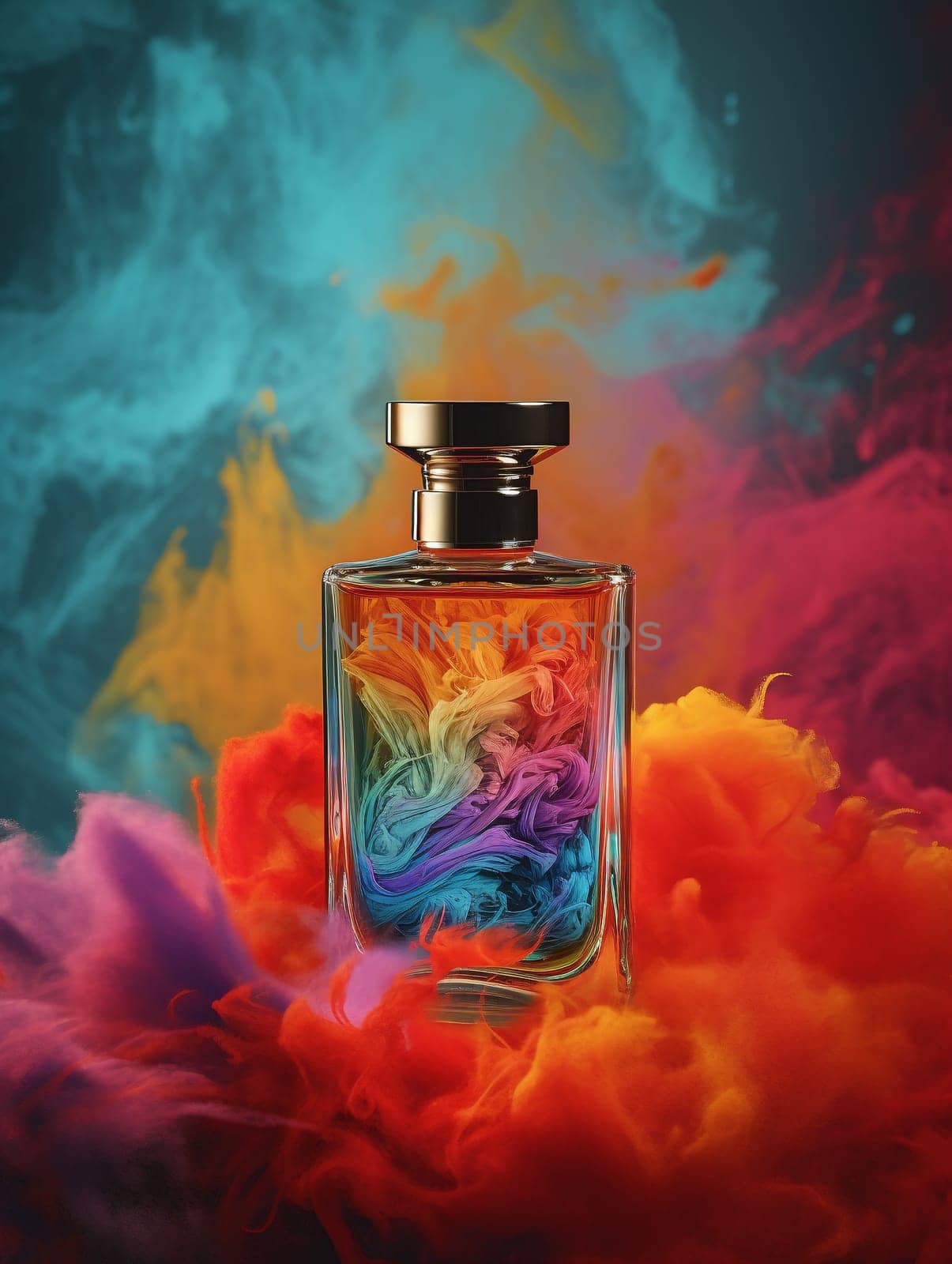 A bottle of perfume in emerging from a colorful smoke - Generative AI