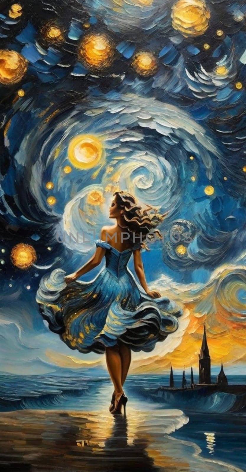 swirling impressionist sky, european village, a carved fantastical woman dance, gold blue palette by verbano