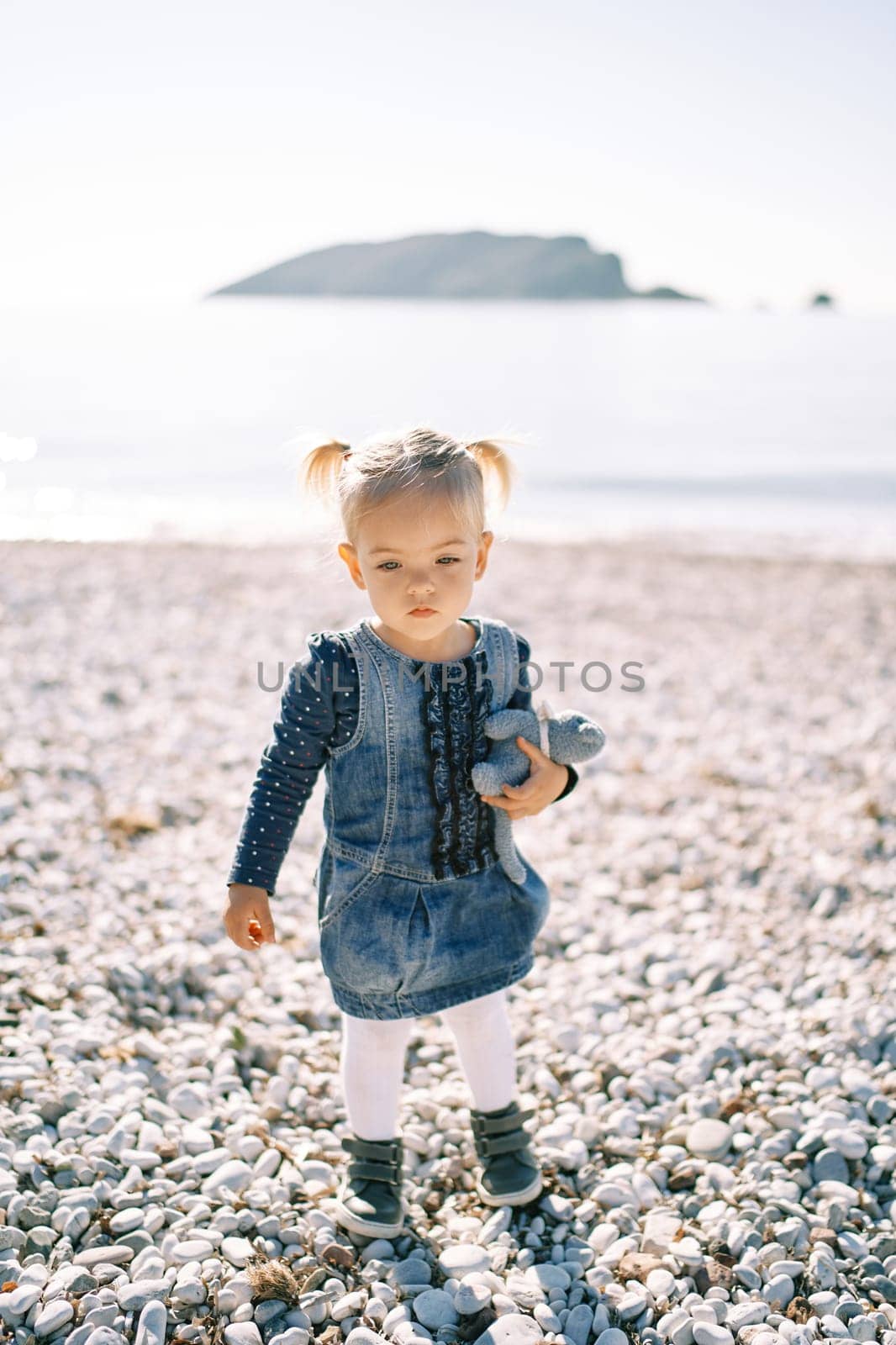 Little girl stands on the seashore with a toy by Nadtochiy