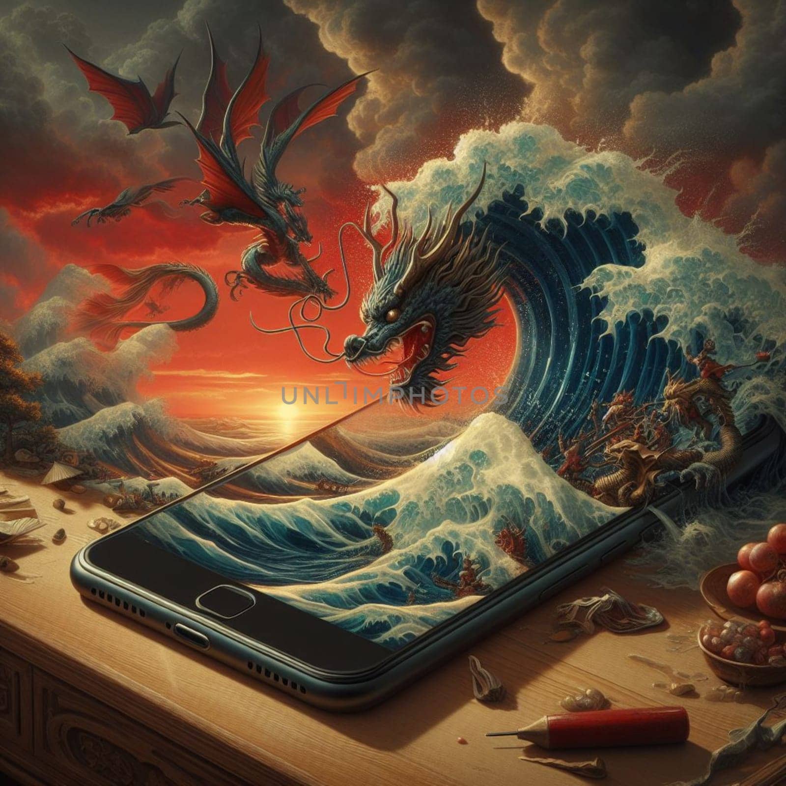 traditional female dragon city skyline sunset chinese 2024 new year out mobile phone screen on desk by verbano