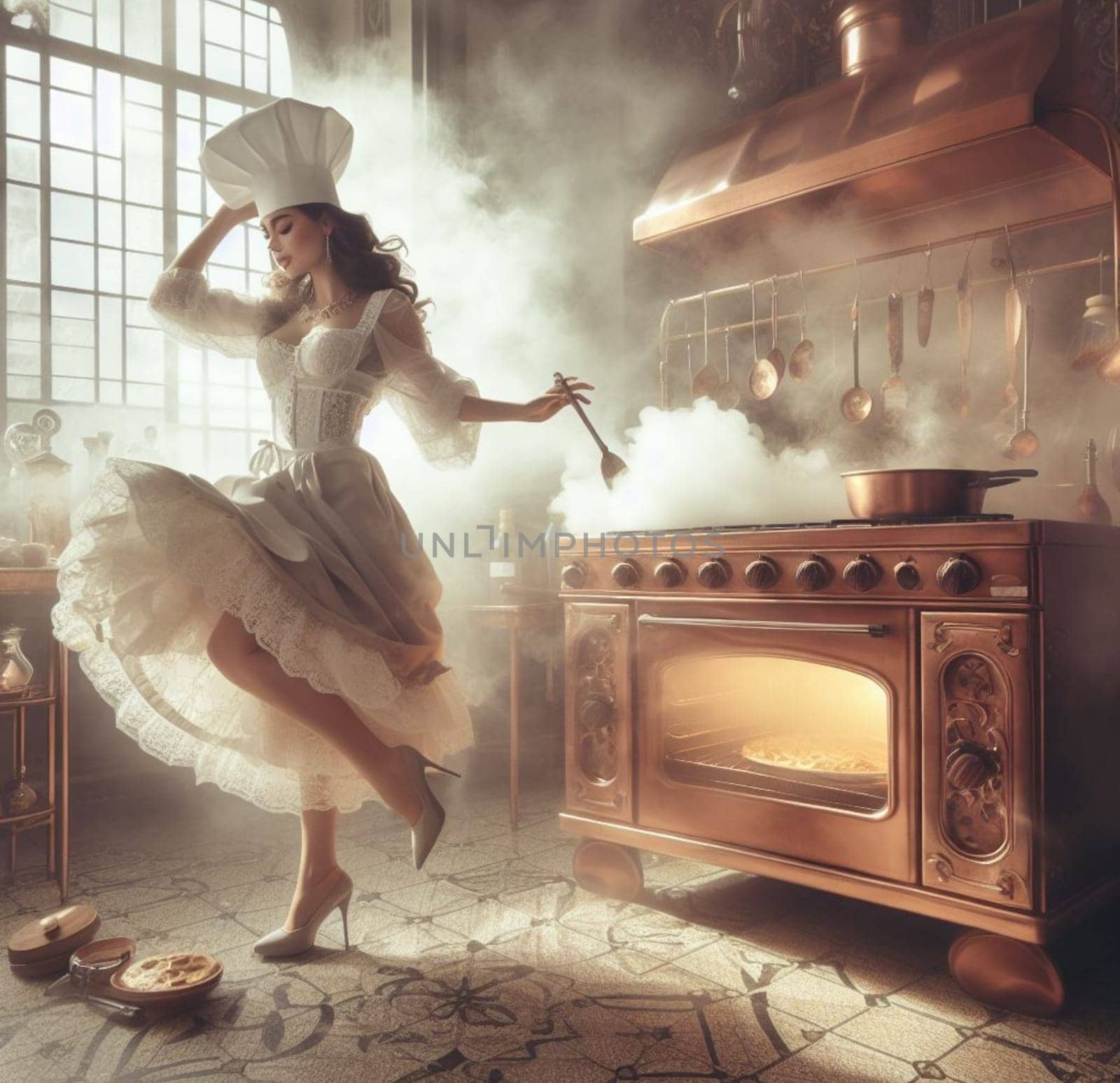 glamourous chef in steampunk kitchen with windiwn natural light cooking posing dancing singing illustration by verbano