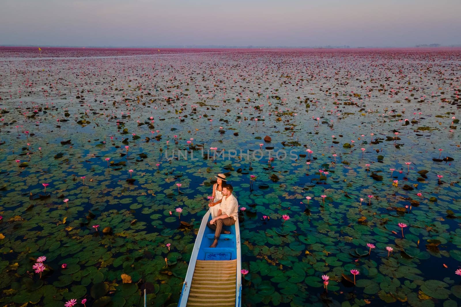 Drone aerial view at the sea of red lotus, Lake Nong Harn, Udon Thani, Thailand, a couple of men and woman in a boat at sunrise at the Red Lotus Lake in the Isaan