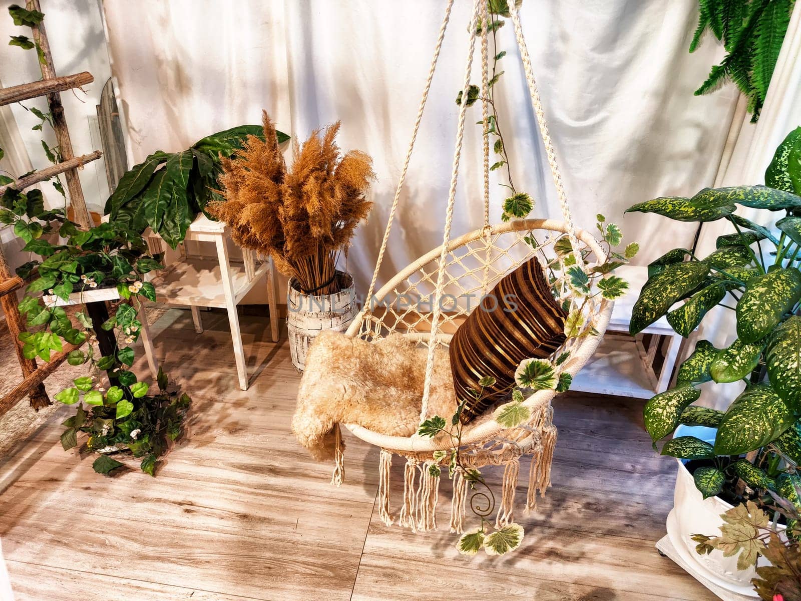 A modern cozy beautiful room with a braided rope macrame chair, green plants and a window with curtains. Interior and background. Location for photo shooting by keleny