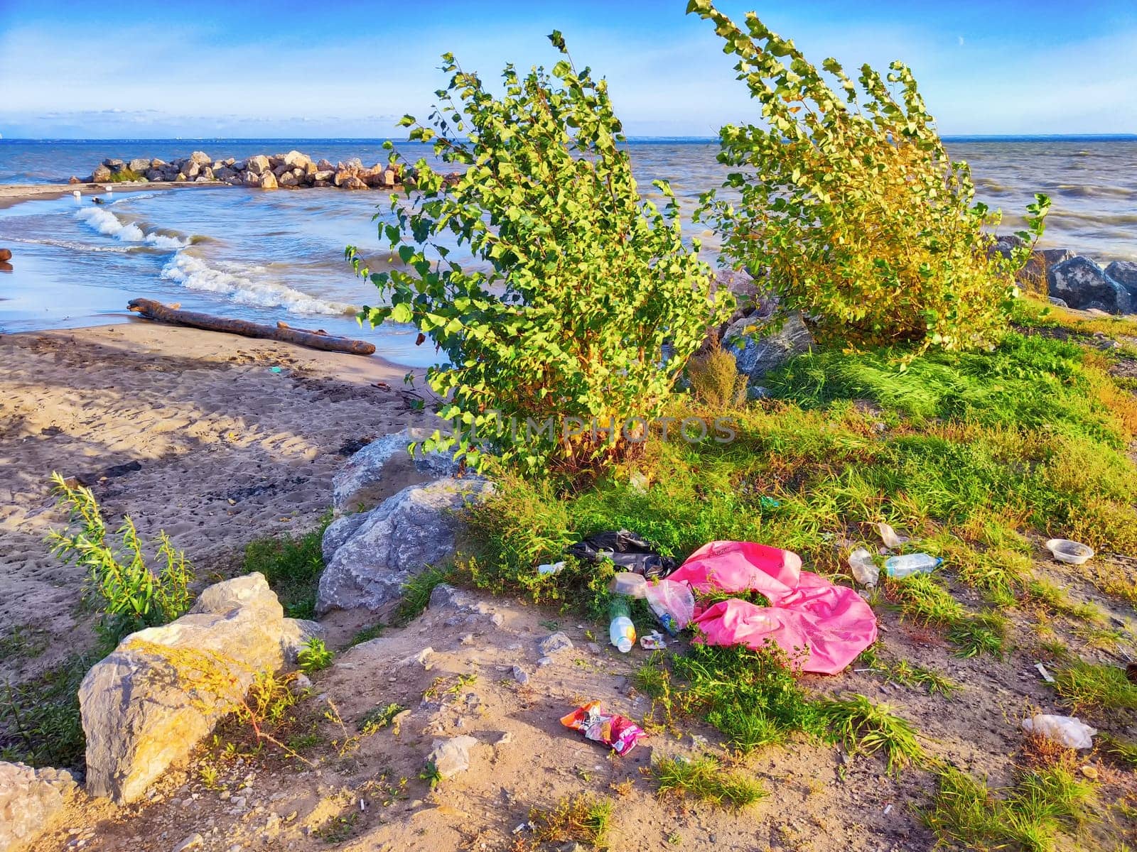 Novosibirsk, Russia - September 22, 2023: Pile of garbage and plastic bottles on the sea shore. Environmental pollution by people on a picnic by keleny