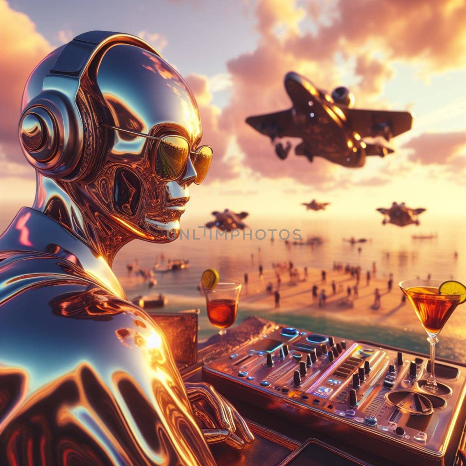 metallic alien deejay, hosting a crowded beach party in tropical island at sunset surreal scene by verbano