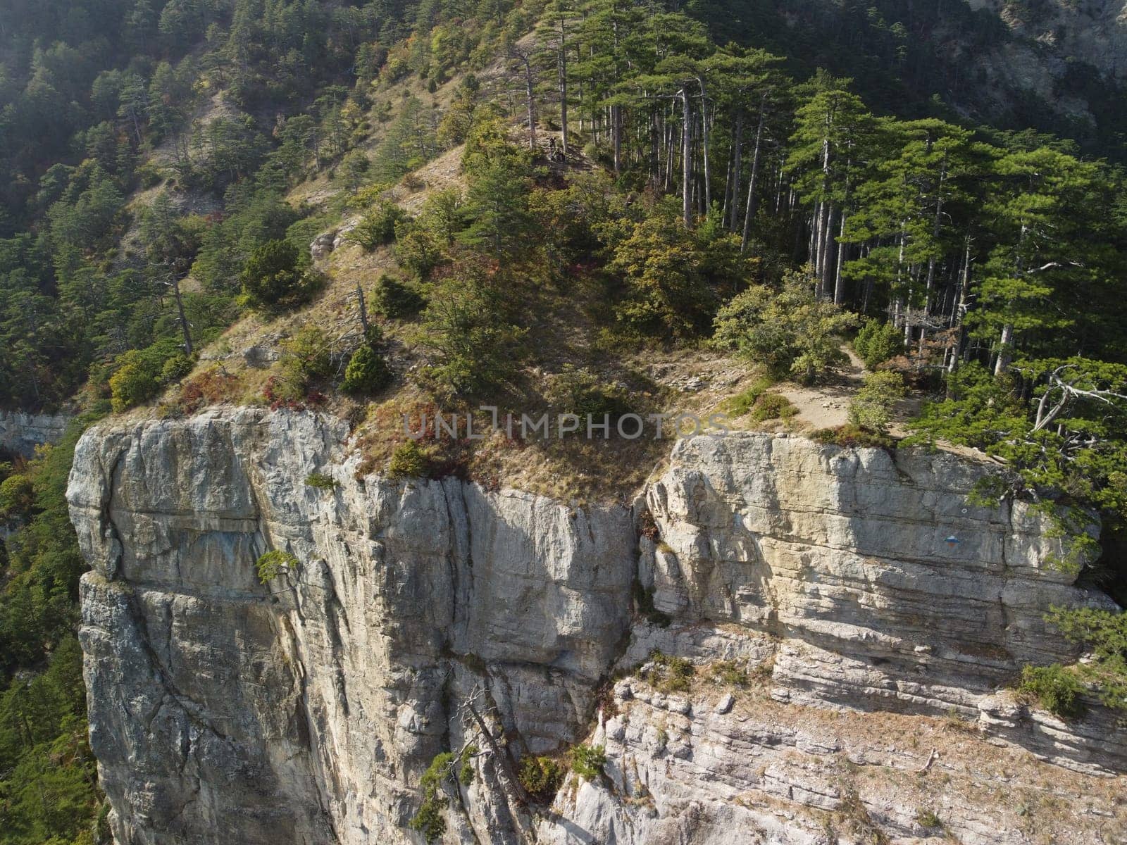 Aerial panoramic view of forest on rocky mountain slope - Ai Petri, Yalta, Crimea. Abstract aerial nature forest and mountains. Weather and Climate Change. Vacation, travel and holiday concept by panophotograph