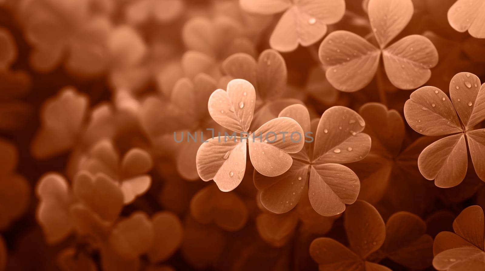 Lucky clover leaves for St. Patrick's Day. Banner with Irish clover leaves. Peach Fuzz toned by kizuneko