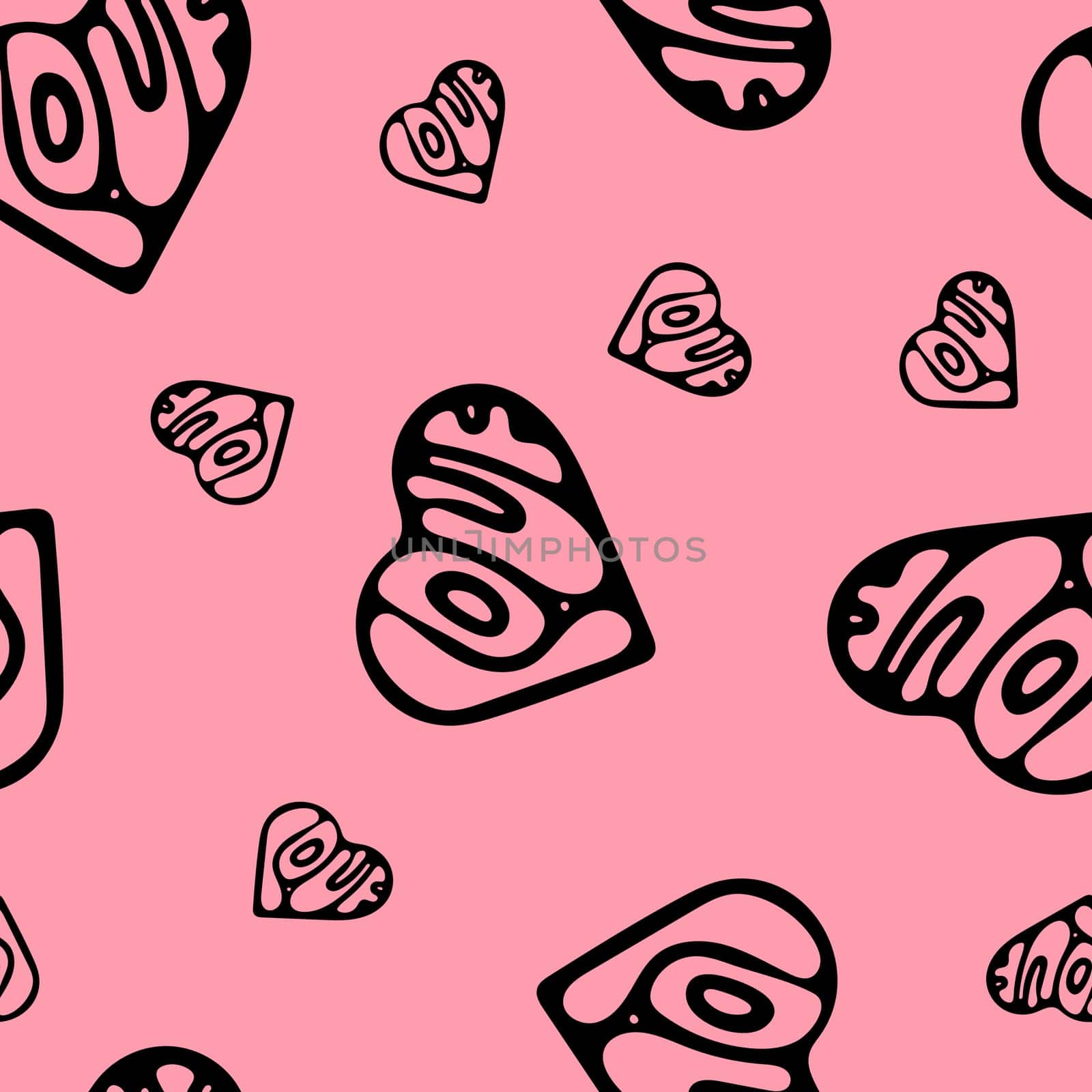 Hand Drawn Seamless Patterns with Hearts in Doodle Style. Romantic Love Digital Paper for Valentines Day. Black Hearts on Pale Pink Background.