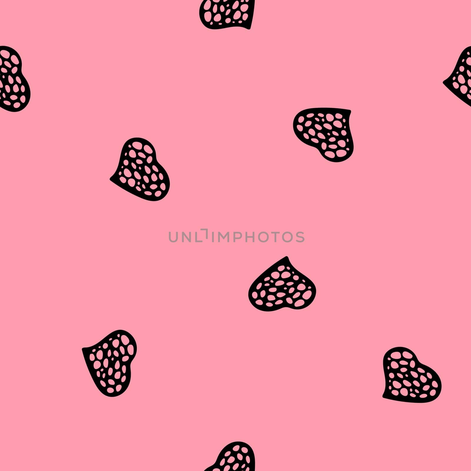 Hand Drawn Seamless Patterns with Hearts in Doodle Style. Romantic Love Digital Paper for Valentines Day. Black Hearts on Pale Pink Background.