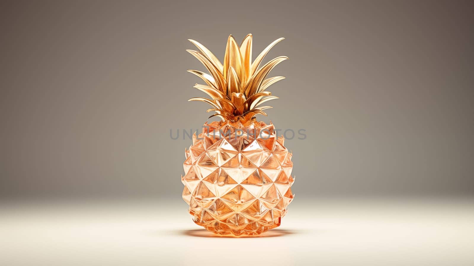 A glass bottle in the form of a peach-colored pineapple stands isolated on a gray background.