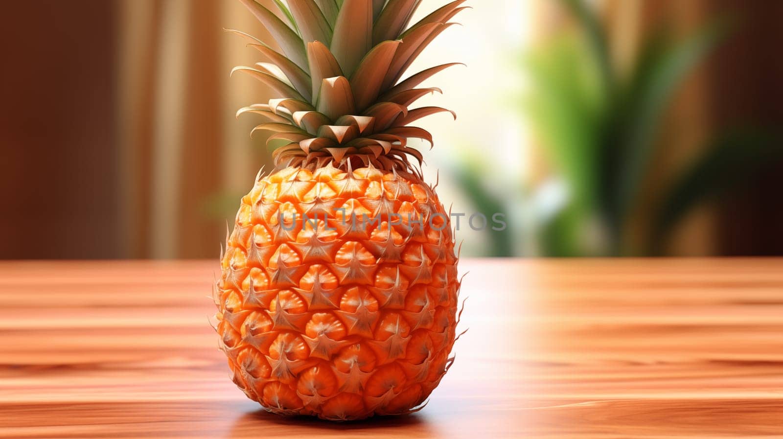 A pineapple stands on a wooden table in the room, a blurred background with a plant by the window.