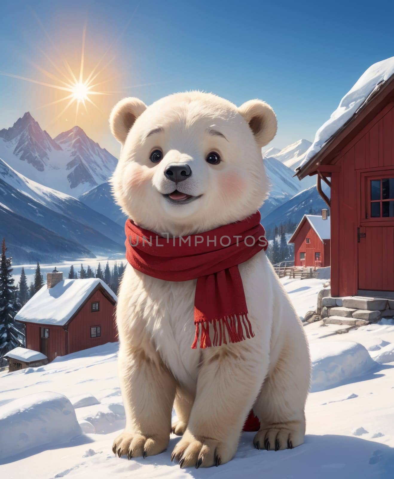 A charming polar bear dons a red scarf, standing amidst a snowy village with red wooden houses, under a radiant sun that casts a warm glow over the frosty landscape