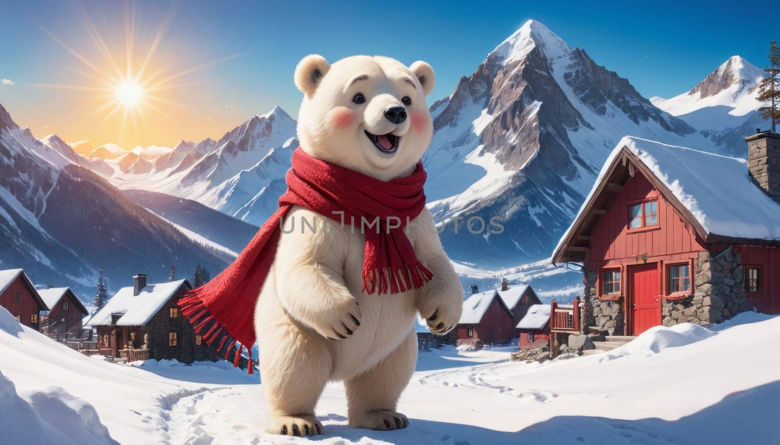 Polar bear with a red scarf smiles in a snowy setting, with red cabins and mountains bathed in sunset light