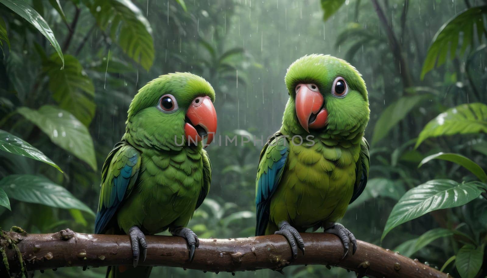 Two green parrots with red beaks perch on a branch, their vivid colors standing out against the rainy, lush forest backdrop